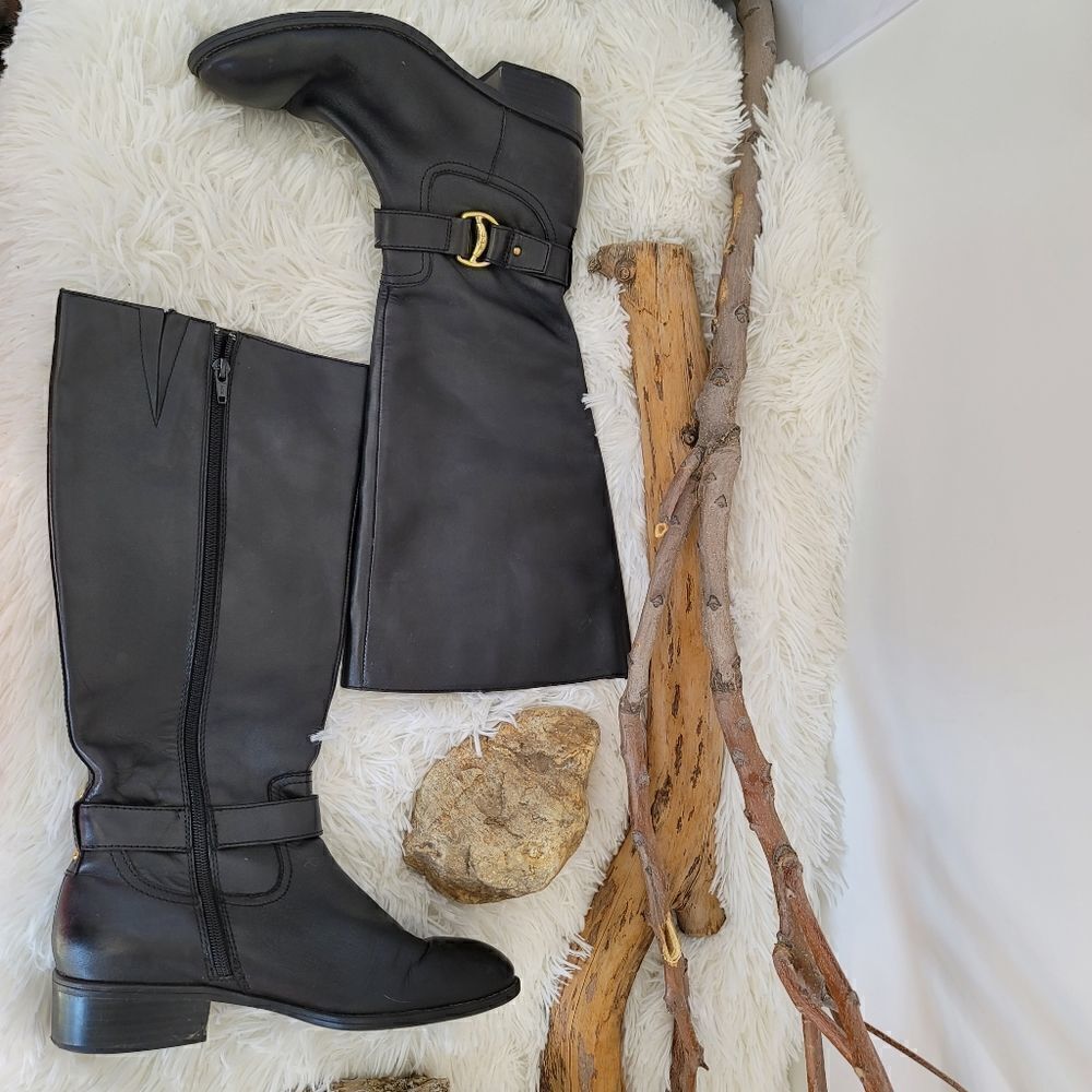 Ralph lauren black leather riding style boots gold hardware. (K)